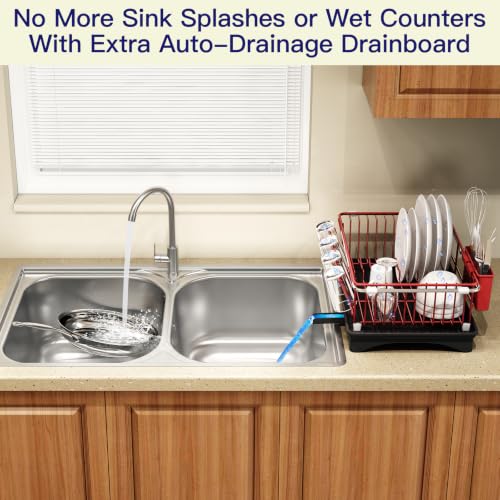 Red Expandable Dish Drying Rack Over Sink with Extra Drainboard (Red / For 11.5"-16" W Sink with Cup Holder & Drainboard)