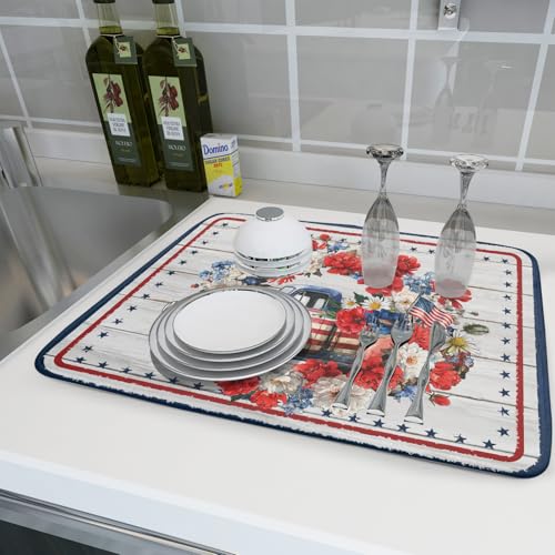 Patriotic Truck Dish Drying Pad 4th of July Drying Mat for Kitchen Counter Coffee Bar Sinks 18 X 24 Inch (Patriotic Truck Blue / 24" x 18")