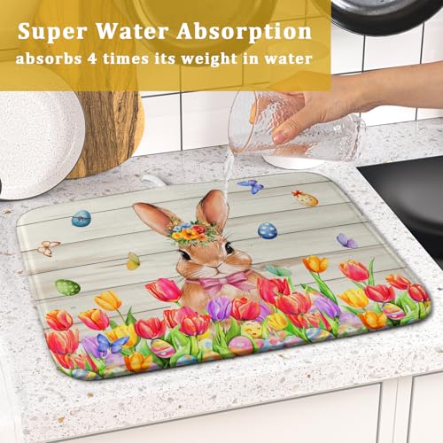 Easter Bunny Dish Drying Mat 16x18 inch Eggs Floral Fast Drying Pad Washable Reversible Microfiber Dish Drainer Mats for Kitchen Counter (Bunny Wood / 16" x 18")