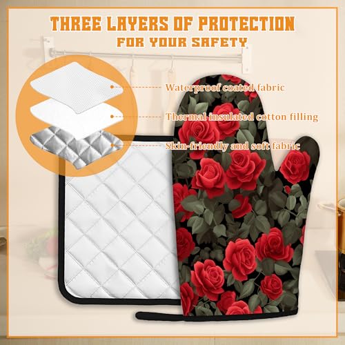 Red Rose Oven Mitts and Pot Holders Set (4 Count)