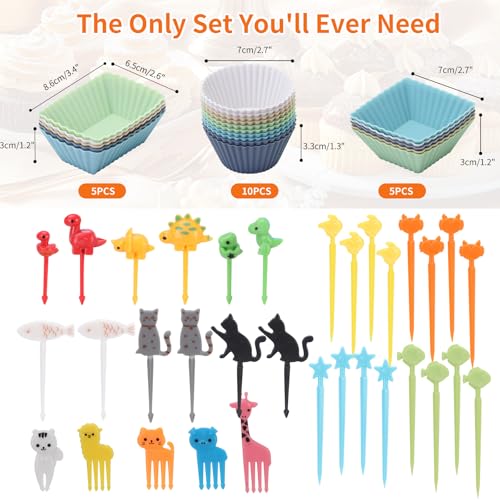 60PCS Silicone Lunch Box Dividers (Soft Color(20 Liners + 40 Picks))