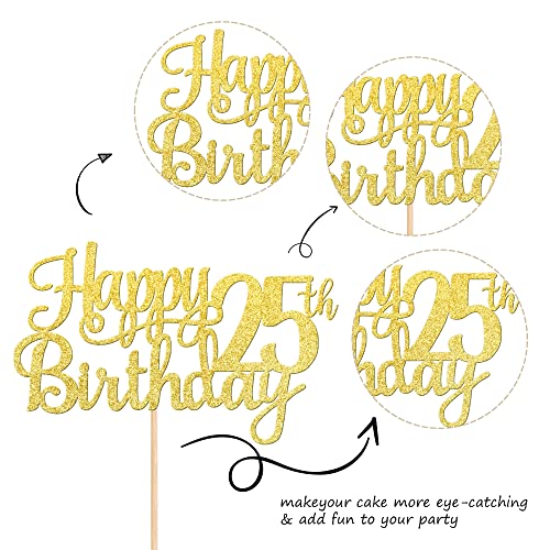 1 PCS Happy 25th Birthday Cake Topper Gold Glitter Cheers to 25 Years Birthday Cake Pick 25 Fabulous Cake Decoration for Happy 25th Birthday Theme Party Decorations Supplies (Gold / 25th)
