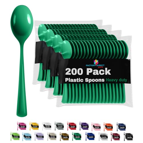 Party Solids Disposable Emerald Green Plastic Spoons 200 Pcs (Emerald Green / Spoons)
