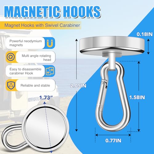 200Lbs Magnetic Carabiner Hook 2 Pcs Strong Magnetic Hooks Heavy Duty (200lb-2P)