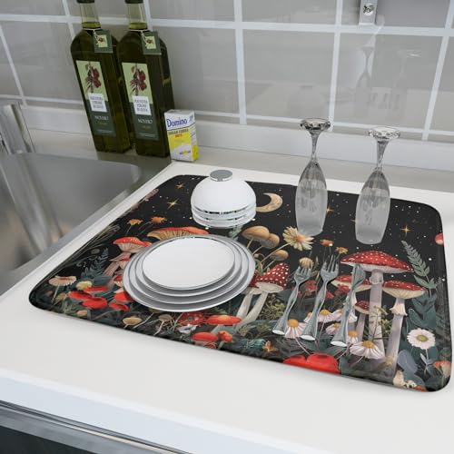 Black Mushroom Dish Drying Mat for Kitchen Counter Leaves Botanical Microfiber Dish Rack Mat Drainer Pad Washable Absorbent Dry Mat 18×24 Inch (Black Mushroom / 18" x 24")