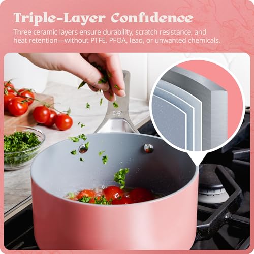 Premium Non Toxic Ceramic Cookware Set (12 Piece Kit / Coral Pink)