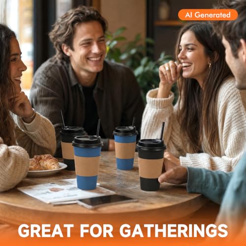100 Pack 16 oz Disposable Coffee Cups with Lids and Sleeves (Black/Blue / 16oz)
