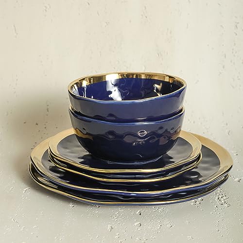 Porcelain 16 Piece Dinnerware Set (16-Pieces Service for 4 / Blue with Gold Rim)
