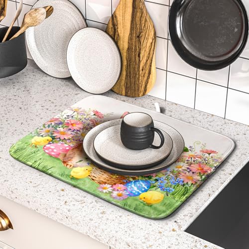 Spring Easter Dish Drying Mat for Kitchen Counter Colorful Egg Holiday Decoration Cloth Dish Mats Small (Colorful Easter Bunny / 18" x 16")