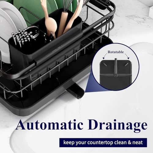 Dish Drying Rack for Kitchen Counter (Black / 12.2''W x 15.7''~23''L - 1 Tier)