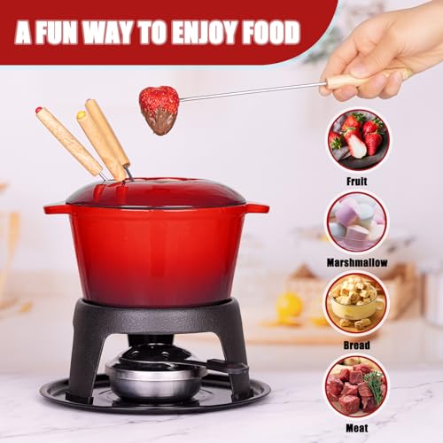 Cast Iron Fondue Pot Set Red Enameled 1.6 Qt for Cheese