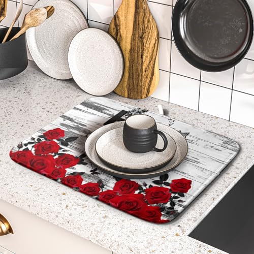 Red Rose Dish Drying Mat 16x18 inch Romantic Floral Absorbent Microfiber Sink Counter Dishware Drainer Pad for Kitchen Coffee Bar Decor (Red Rose / 16 x 18 inch)