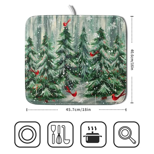 Winter Pine Tree Dish Drying Mat Red Bird Berry Dishes Drainer Mats Absorbent Microfiber Kitchen Counter Protector Drying Mats 16x18 Inch (Winter Pine Tree / 16" x 18")