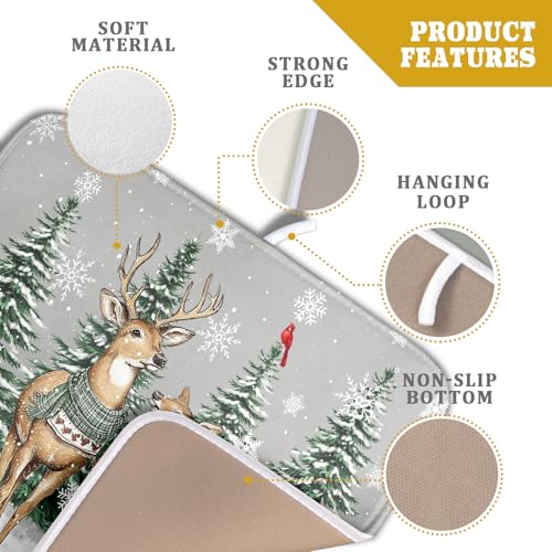 Winter Deer Dish Drying Mat Pine Tree Absorbent Dish Dry Pad Seasonal Microfiber Dish Drainer Mats for Kitchen Counter Coffee Bar 16x18 in (Deer Pine Tree / 16" x 18")