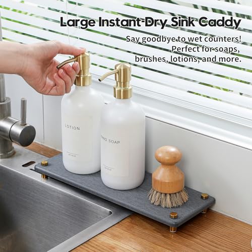 Kitchen Sink Caddy Water Absorbing Stone Drying Tray (12.5"x 4.5" - Dark Gray - Gold)