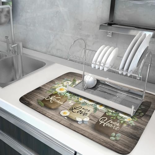 Flower Vase Dish Drying Mats 18×24 Inch Rustic Wood Reversible Microfiber Kitchen Countertop Protector Fast Dry Dish Drainer Rack Pad (flower vase wood / 18" x 24")
