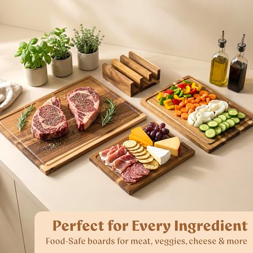 Acacia Wood Cutting Boards for Kitchen Set of 3 (Acacia One Side)