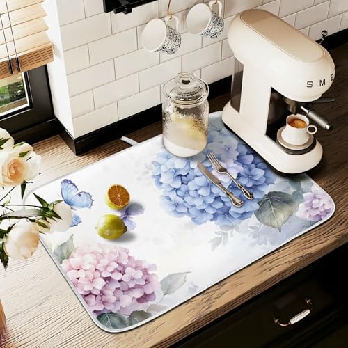 Blue Pink Hydrangea Spring Floral Dish Drying Mat for Kitchen Counter Absorbent Microfiber Small Drying Pad Dish Mats for Kitchen Countertops 16 x 18 Inch (18" x 16")