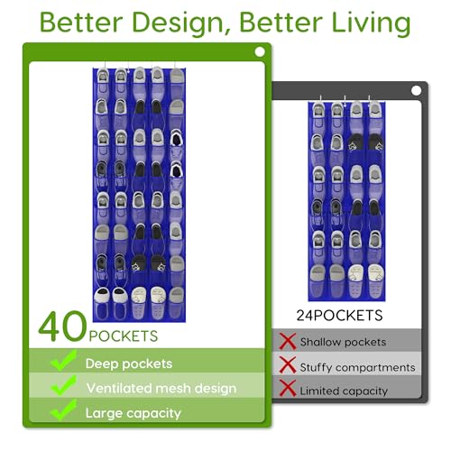 Over the Door Shoe Organizer with 40 Large Breathable Mesh Pockets (Navy Blue / 40 Pockets)