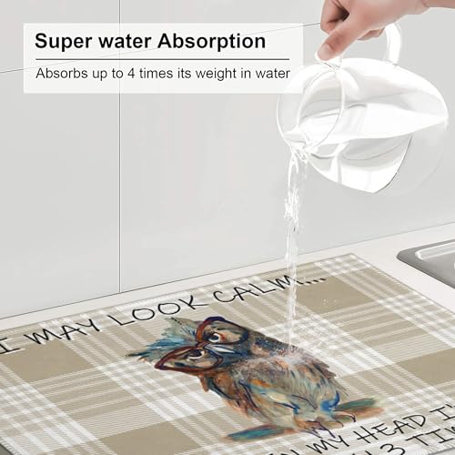Kitchen Drying Mat Funny Owl Dish Drainer Mat for Kitchen Counter Microfiber Absorbent Reusable Washable 18x24 Inch Home Holiday Decor Cute Buffalo Plaid Drying Pad (Funny Owl / 18 x 24 inch)