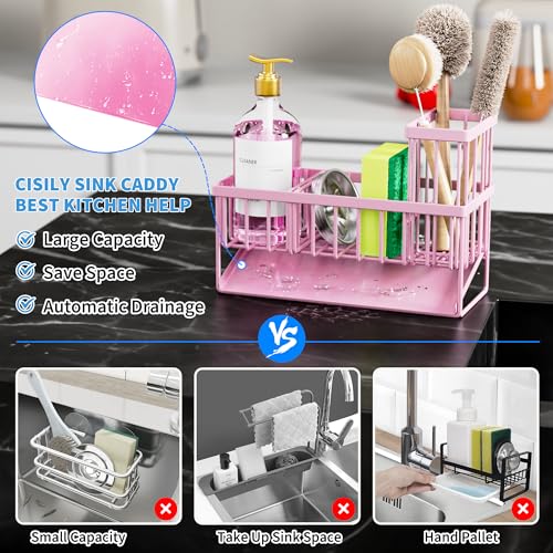 Pink Kitchen Sink Caddy Organzier with High Brush Holder