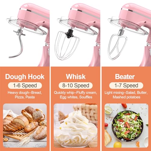 3-IN-1 Electric Stand Mixer, 6.5QT Bowl 660W 10-Speed Kitchen Mixer, Household Food Mixers include Dough Hook, Beater and Whisk, Bread Cake Mixer for Baking and Most Home Cooks, Pink (Pink)
