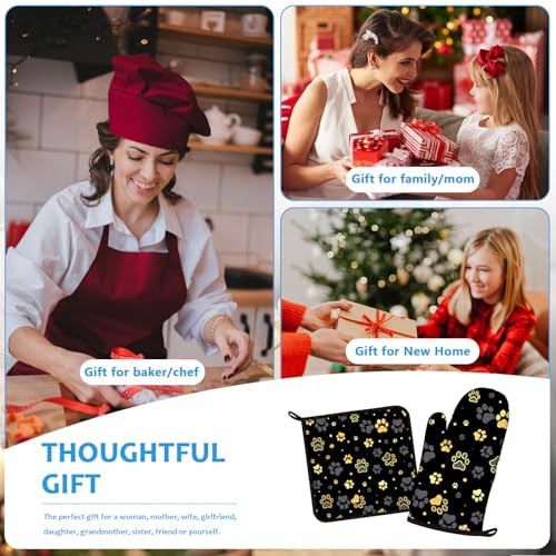 Gold Dog Paw Print Oven Mitts and Pot Holders Sets Heat Resistant 4Pcs Potholders Oven Gloves Hot Pads for Kitchen Baking Cooking Grilling BBQ (Gold Dog Paw Print)