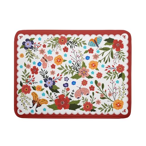 Large Microfiber Dish Drying Mat Red Floral Absorbent Drying Pad for Kitchen Counter (Light Flowers Red / 24" x 18")