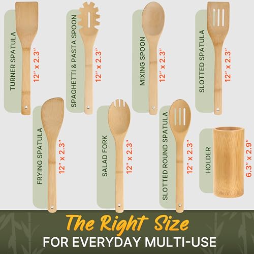 Bamboo Cooking Utensils Set 7 Pcs with Holder (7 Pieces Extended)