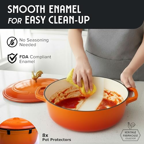 MUELLER HOME 5.5 Quart Enameled Cast Iron Oval Dutch Oven w Rooster Knob & Cotton Potholders (5.5 Quart -Oval / Orange)