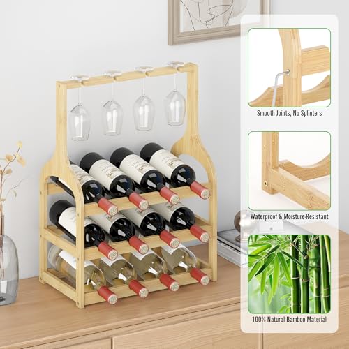 Bamboo Wine Rack Countertop (Natural 3-tier With Glass Holder)