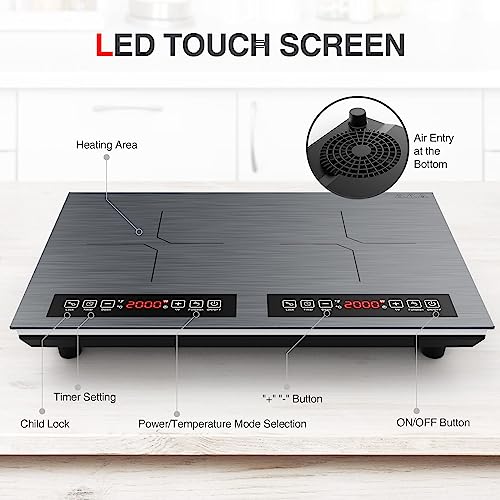Double Induction Cooktop 2 Burner 110V 4000W Portable Table Stove (Silver)