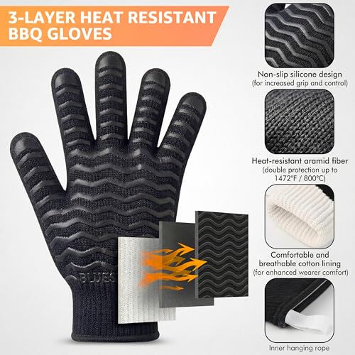 BBQ Gloves 1472°F Heat Resistant Oven Gloves with Fingers (Black-black / One Size Fits Most)