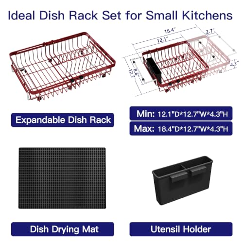 Red Expandable Dish Drying Rack Over Sink with Extra Drying Mat (Red / For 13"-30" W Sink with Mat)