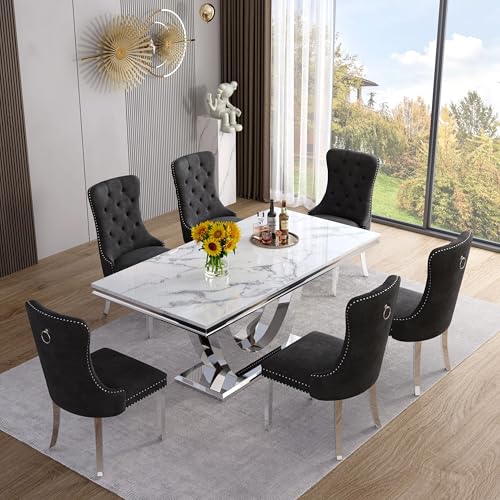 Marble Dining Table Set for 4 (Silver-white & Black Chairs / 5-piece (Table + 4 Chairs))