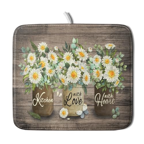 Flower Vase Dish Drying Mats 16x18 Inch Rustic Wood Reversible Microfiber Kitchen Countertop Protector Fast Dry Dish Drainer Rack Pad (flower vase wood / 16" x 18")