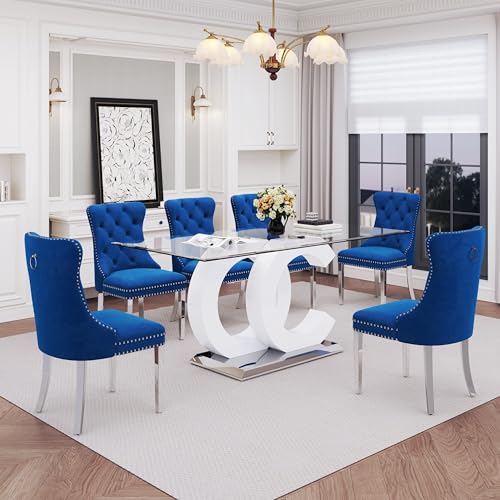 7 Piece Glass Dining Table Set for 6 (White Table & Silver Blue Chair / 7-Piece Set-OC-Shaped Table)
