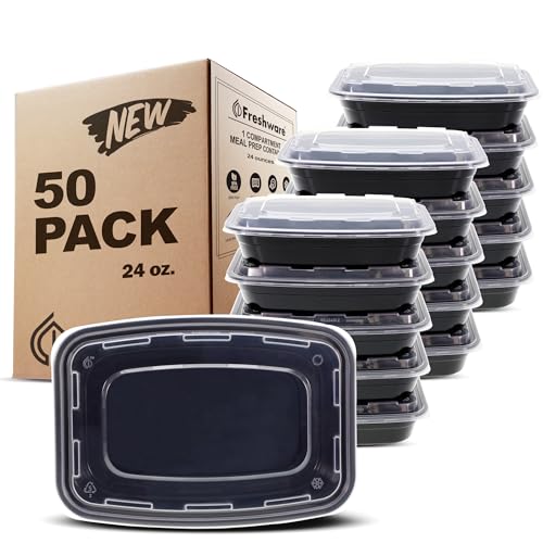Meal Prep Containers [50 Pack] 1 Compartment with Lids (Black / 24OZ-50PK)