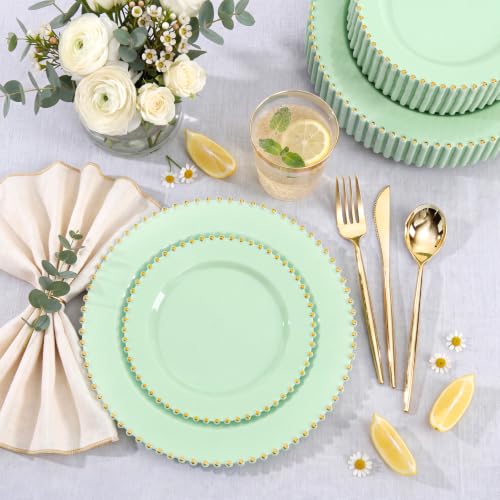 180Pcs Sage Green Plastic Plates for Wedding Party Supplies (Green and Gold Plastic Dinnerware Set / 180PCS)