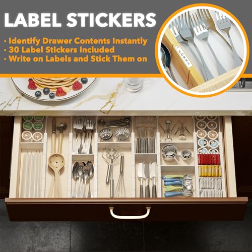 Bamboo Drawer Dividers with Inserts and Labels (2.35''H, 17''-22''L, 7 Dividers / WHITE)