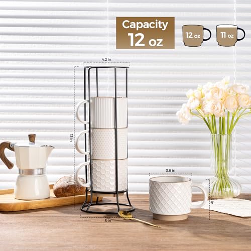 12 OZ Stackable Coffee Mugs Set of 4 (Off-White / 12oz (With Stand))