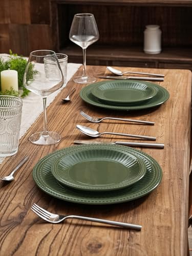 Ceramic Plates and Bowls Sets (Dark Green / Service for 4)