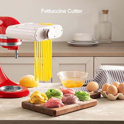 3 1 Pasta Maker Attachment for KitchenAid includes Pasta Sheet Roller attachment & Spaghetti Cutter & Fettuccine Cutter attachment (White+Silver)