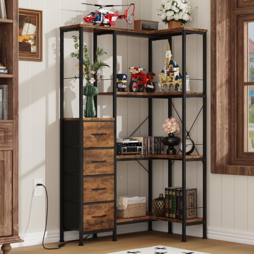 4 Tier Corner Bookshelf with LED Light Strips (Rustic Brown / 4 Tier)