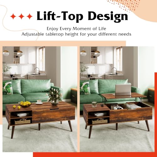 Lift Top Coffee Table with Hidden Storage (Classic Brown / 47" with Shelf)