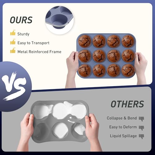 2 Pack 12 Cups Silicone Muffin Pan with Metal Reinforced Frame Regular Size Silicone Molds Cupcake Cake Baking Pans Baking Mold Best Baking Pans Tart Pan Sheet Set Reusable Cupcake Liners (2pc: 12-Cup Regular / Morandi Pink and Morandi Blue)