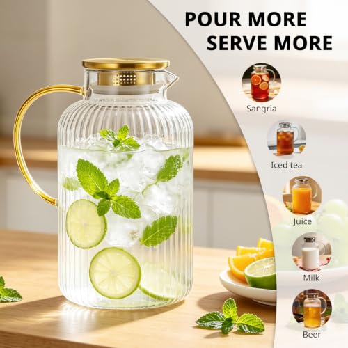 3 Liter 101 oz Stripes Gold Glass Pitcher with Lid and Handle (Stripes Gold / 101.4 Ounces)