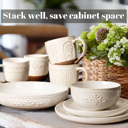 4 Piece Handcrafted Ceramic Dinnerware Set with Pasta Bowls (Damask Floral (4 Pieces) (White))