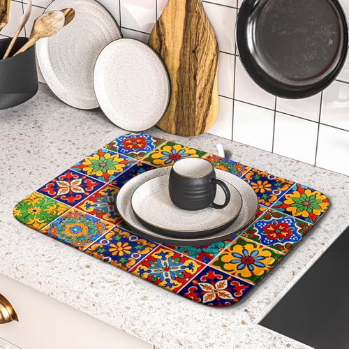 Mexican Tiles Dish Drying Mat for Kitchen Counter Absorbent Microfiber Dish Drying Pad Kitchen Gadgets Multi (Mexican Tiles Blue / 18" x 16")