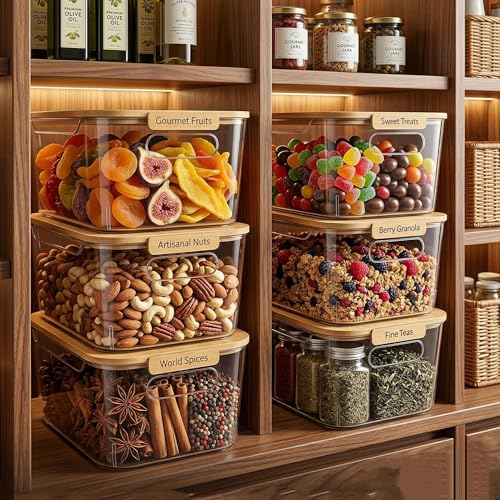 6 Pack Clear Stackable Storage Bins with Bamboo Lids (6 Pack Storage Bins with Lids)